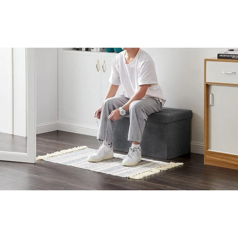 Banc Ottoman de Rangement Capitonnée en Lin Gris, 2 Places, 76 cm
