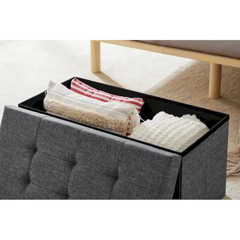Banc Ottoman de Rangement Capitonnée en Lin Gris, 2 Places, 76 cm