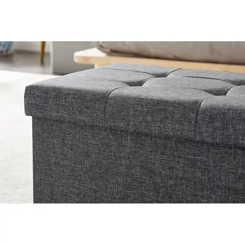 Banc Ottoman de Rangement Capitonnée en Lin Gris, 2 Places, 76 cm
