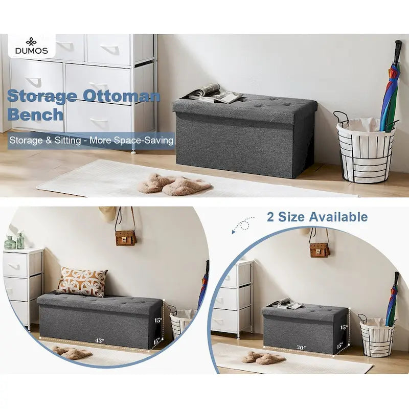 Banc Ottoman de Rangement Capitonnée en Lin Gris, 2 Places, 76 cm