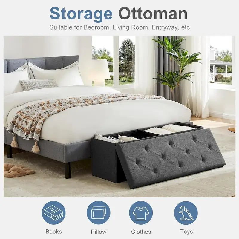 Banc Ottoman de Rangement Capitonnée en Lin Gris, 2 Places, 76 cm