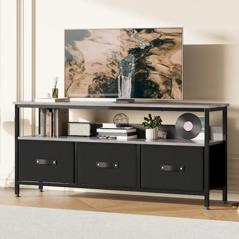 Meuble TV commode gris / noir / marron avec tiroirs, 2 étagères
