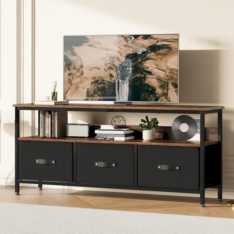 Meuble TV commode gris / noir / marron avec tiroirs, 2 étagères