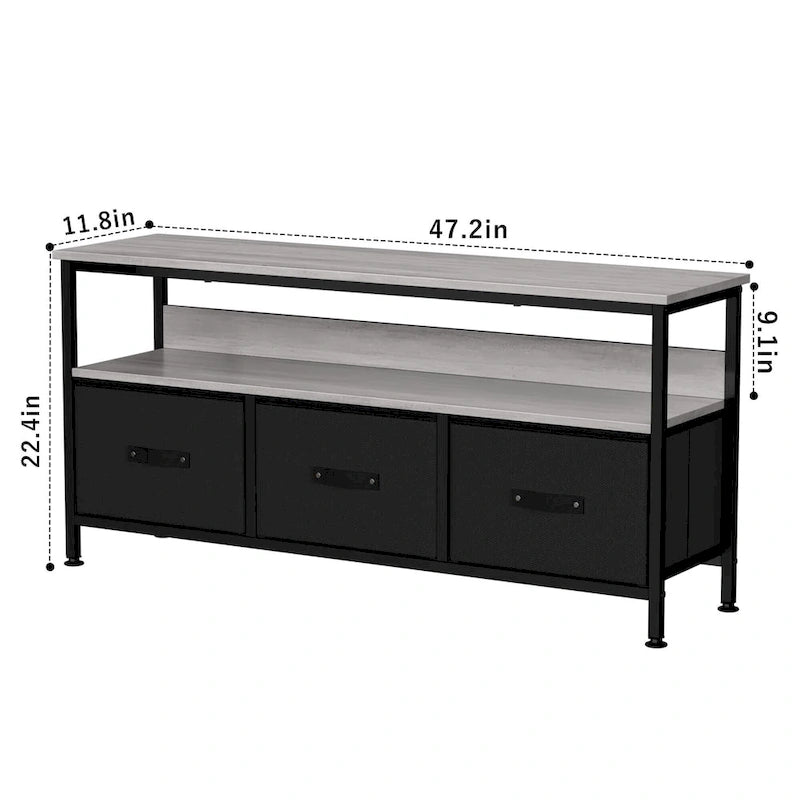 Meuble TV commode gris / noir / marron avec tiroirs, 2 étagères