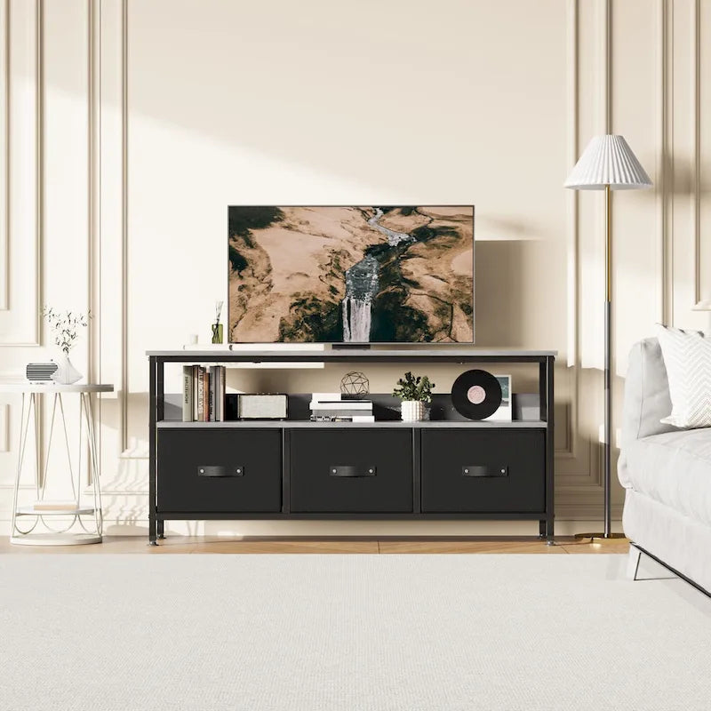Meuble TV commode gris / noir / marron avec tiroirs, 2 étagères