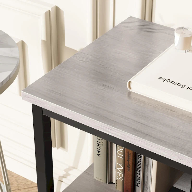 Meuble TV commode gris / noir / marron avec tiroirs, 2 étagères