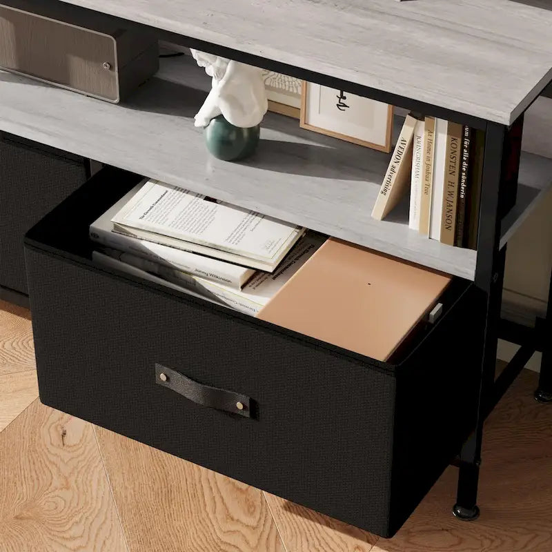 Meuble TV commode gris / noir / marron avec tiroirs, 2 étagères