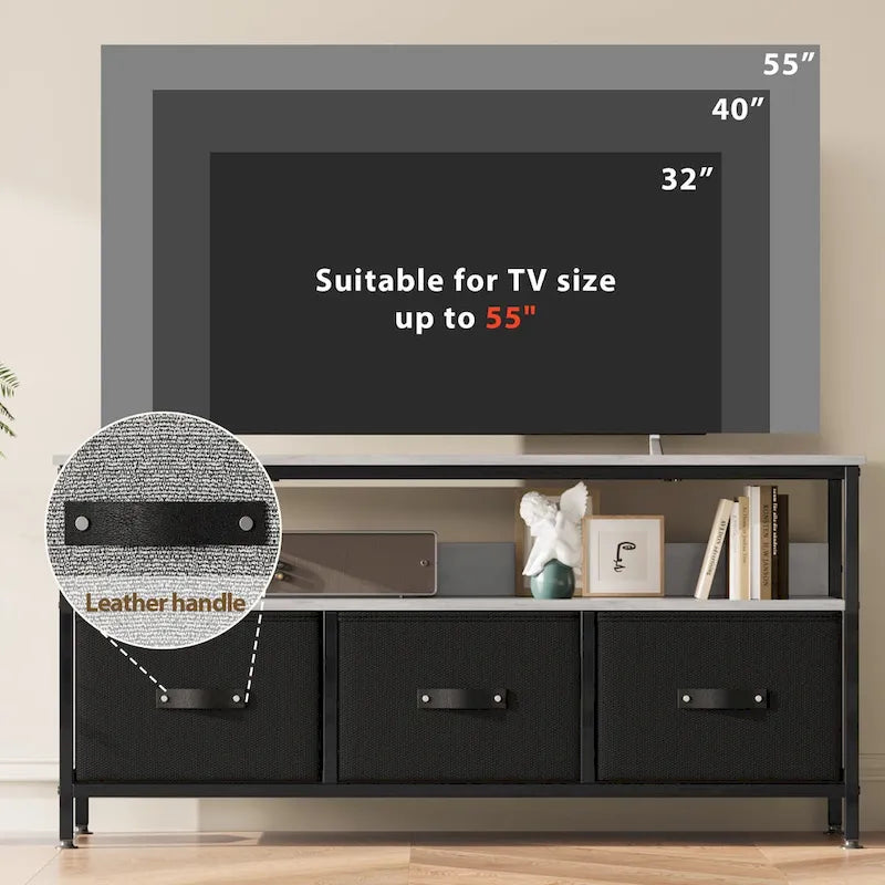 Meuble TV commode gris / noir / marron avec tiroirs, 2 étagères