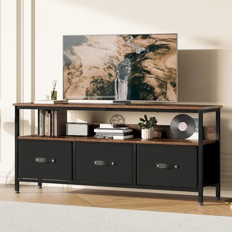 Meuble TV commode gris / noir / marron avec tiroirs, 2 étagères