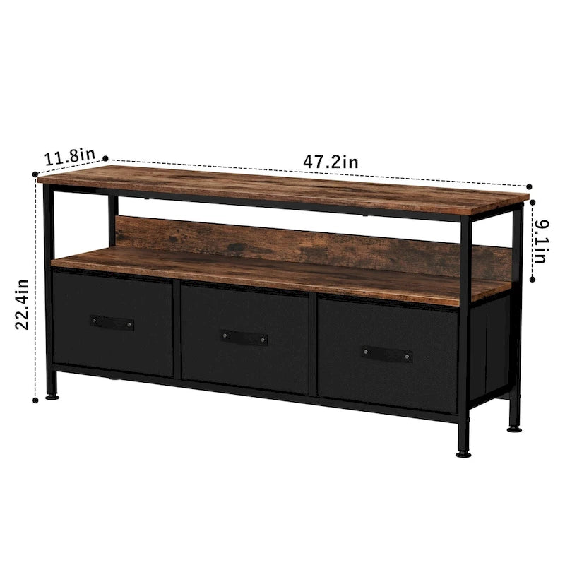 Meuble TV commode gris / noir / marron avec tiroirs, 2 étagères