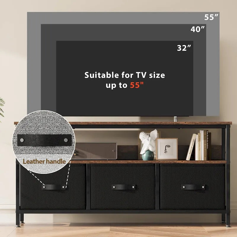 Meuble TV commode gris / noir / marron avec tiroirs, 2 étagères