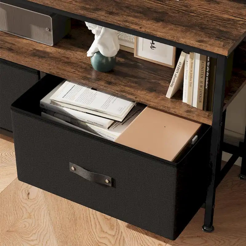 Meuble TV commode gris / noir / marron avec tiroirs, 2 étagères