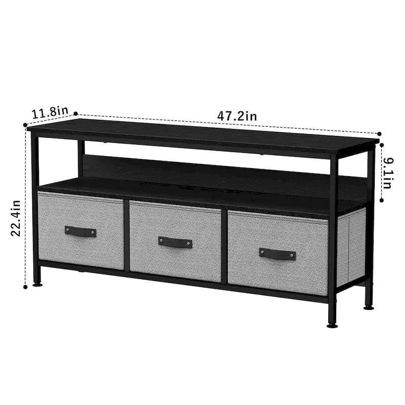 Meuble TV commode gris / noir / marron avec tiroirs, 2 étagères