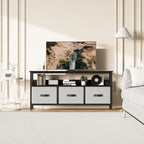Meuble TV commode gris / noir / marron avec tiroirs, 2 étagères