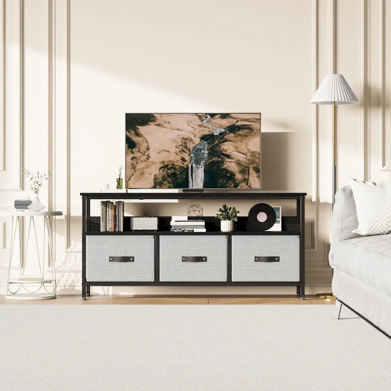 Meuble TV commode gris / noir / marron avec tiroirs, 2 étagères