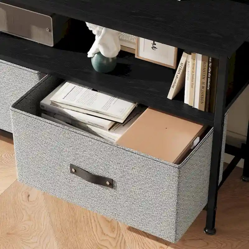 Meuble TV commode gris / noir / marron avec tiroirs, 2 étagères