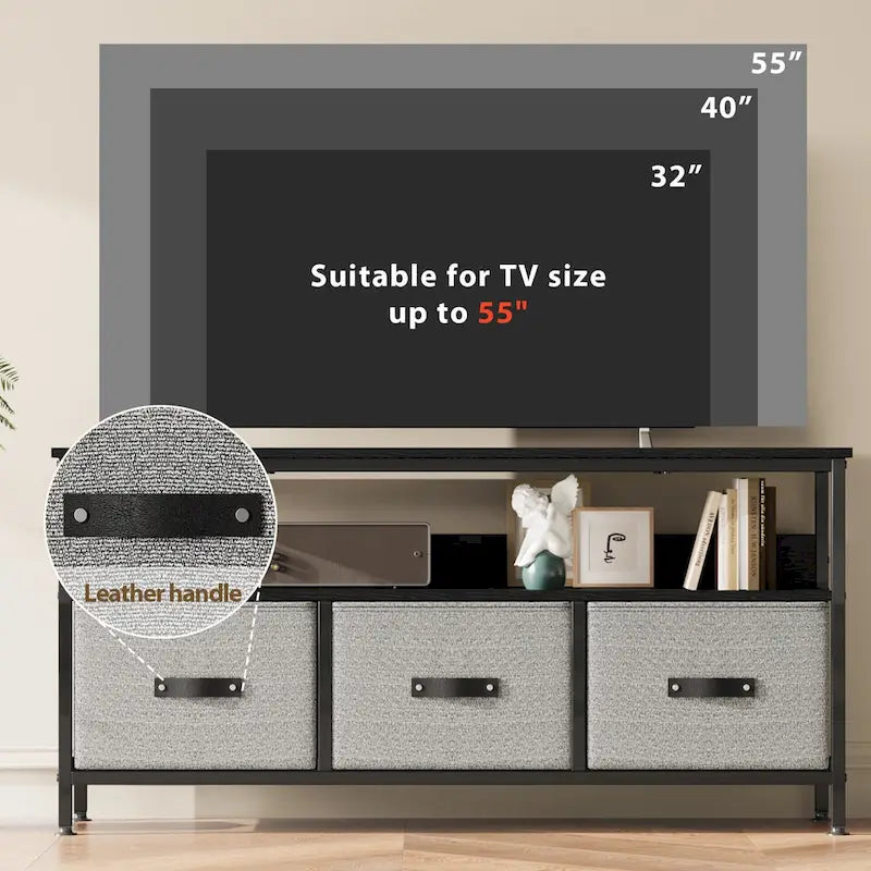 Meuble TV commode gris / noir / marron avec tiroirs, 2 étagères
