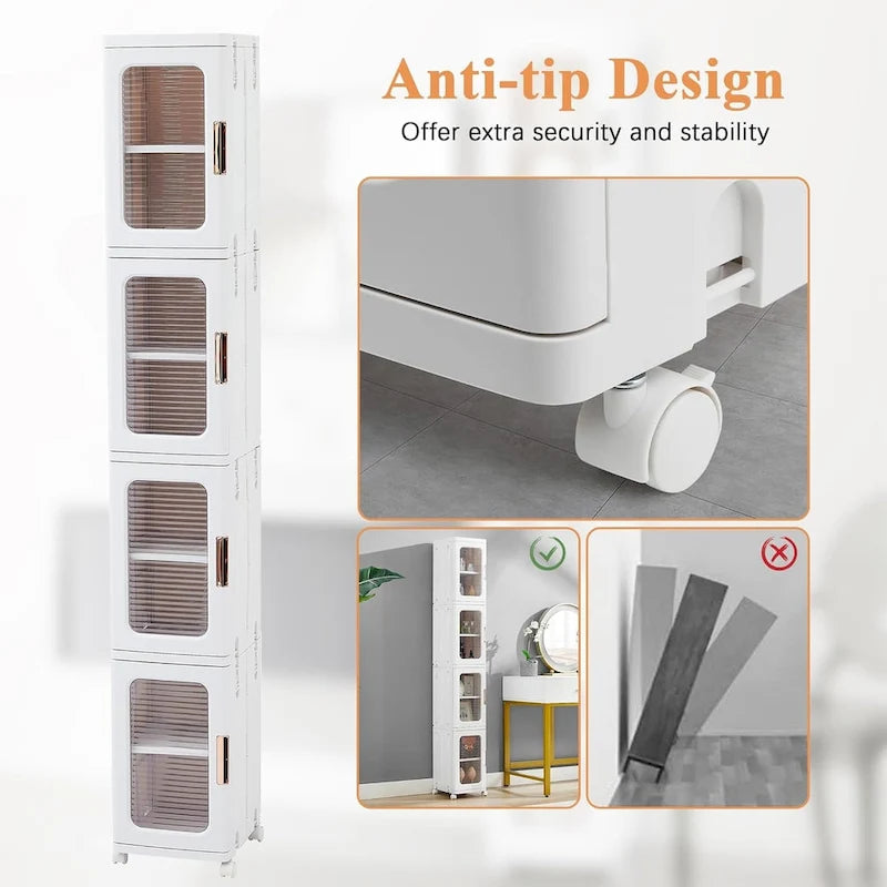 Meuble de rangement blanc à 4 niveaux, étroit, pliable et autoportant, pour une seule personne