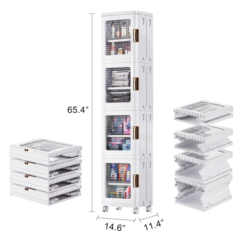 Meuble de rangement blanc à 4 niveaux, étroit, pliable et autoportant, pour une seule personne