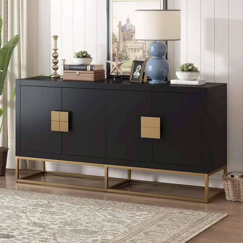 Buffet 4 portes avec étagères réglables, blanc / noir / bleu marine