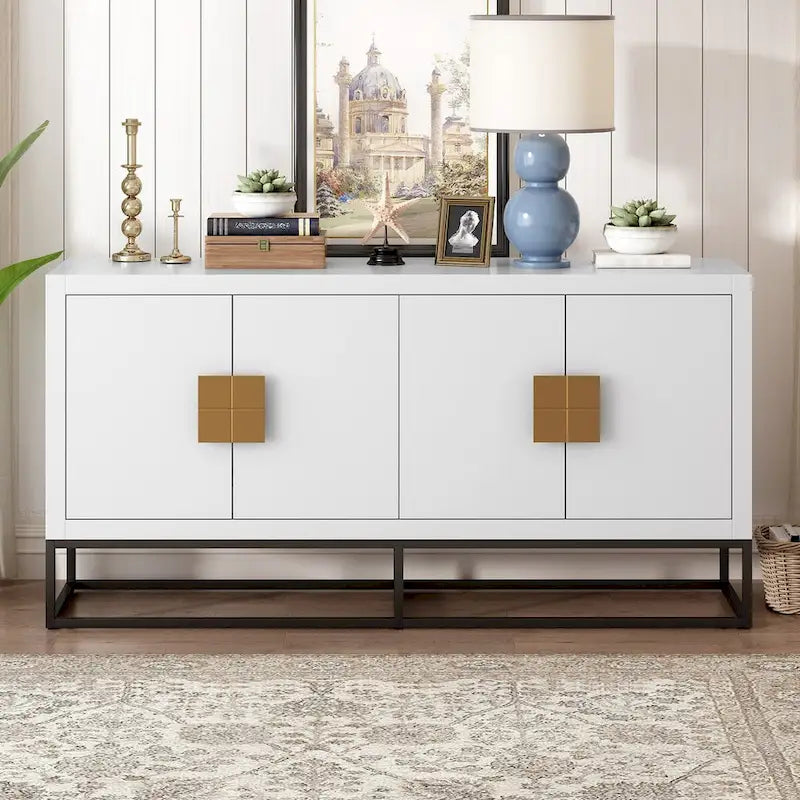 Buffet 4 portes avec étagères réglables, blanc / noir / bleu marine