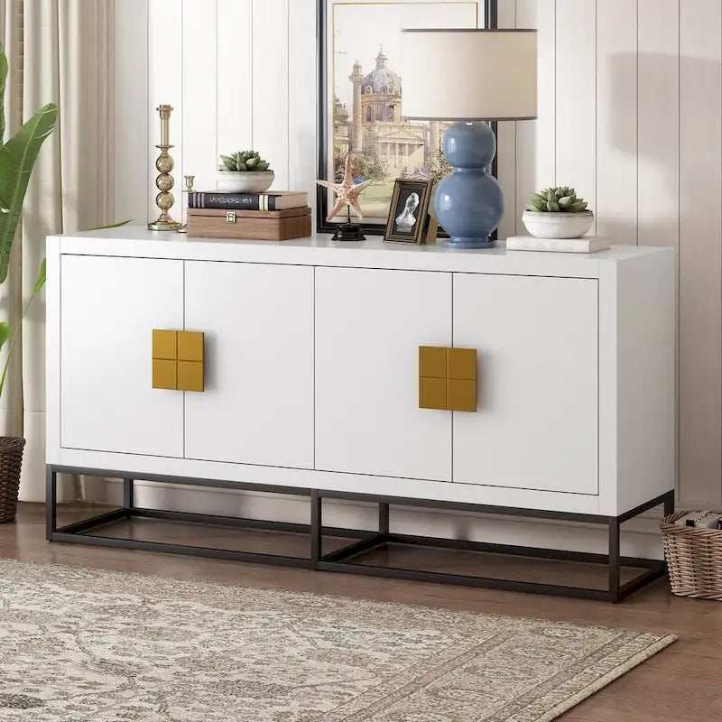 Buffet 4 portes avec étagères réglables, blanc / noir / bleu marine