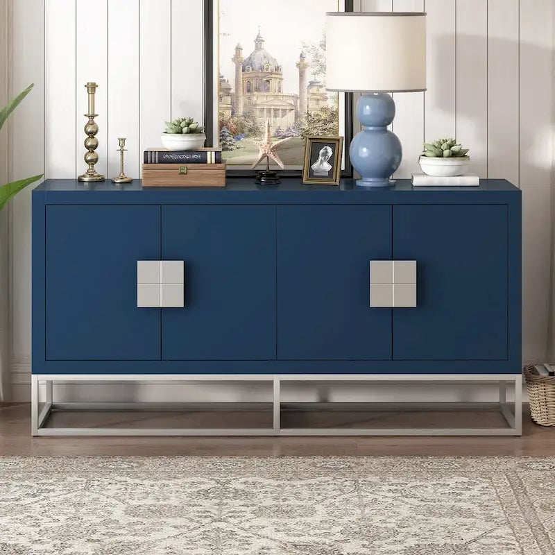 Buffet 4 portes avec étagères réglables, blanc / noir / bleu marine