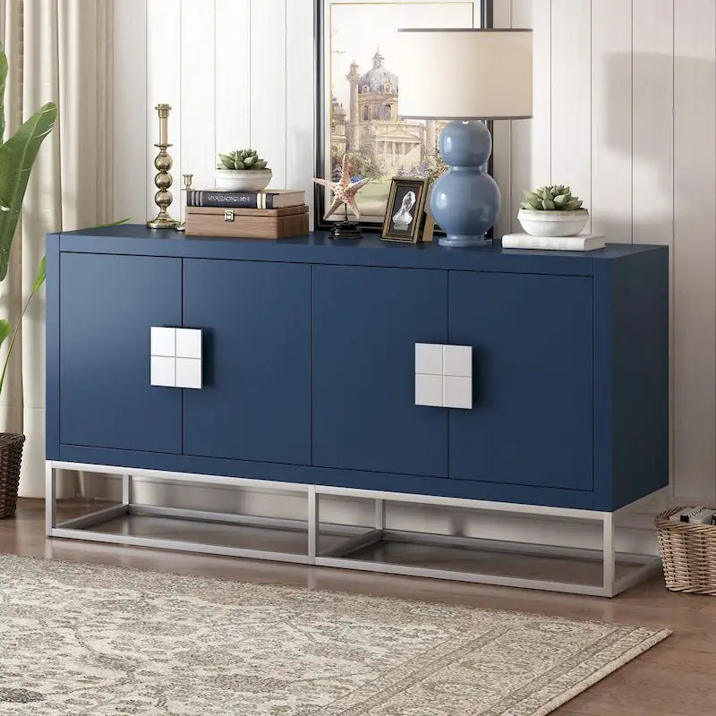 Buffet 4 portes avec étagères réglables, blanc / noir / bleu marine