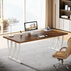 Bureau informatique deux places marron et blanc, 180 cm de large, MDF et métal