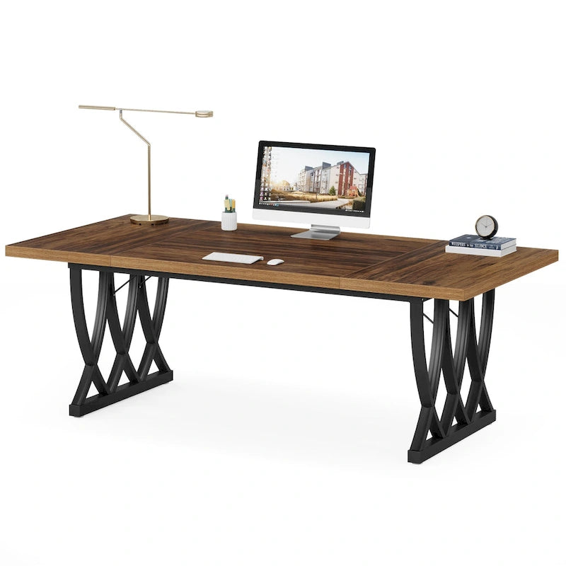 Bureau informatique deux places marron et blanc, 180 cm de large, MDF et métal