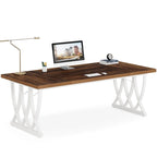 Bureau informatique deux places marron et blanc, 180 cm de large, MDF et métal