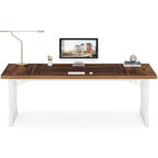 Bureau informatique deux places marron et blanc, 180 cm de large, MDF et métal
