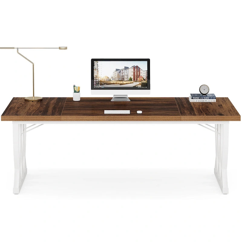 Bureau informatique deux places marron et blanc, 180 cm de large, MDF et métal
