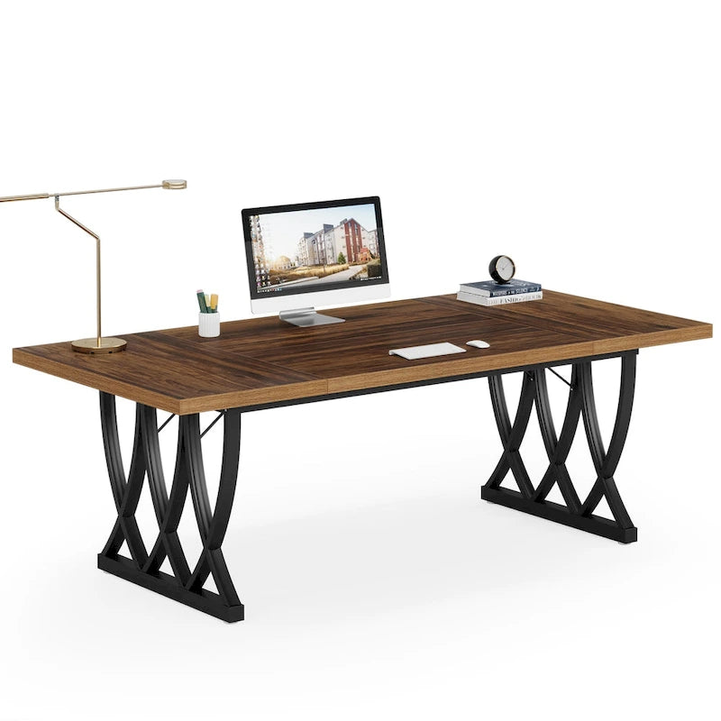 Bureau informatique deux places marron et blanc, 180 cm de large, MDF et métal