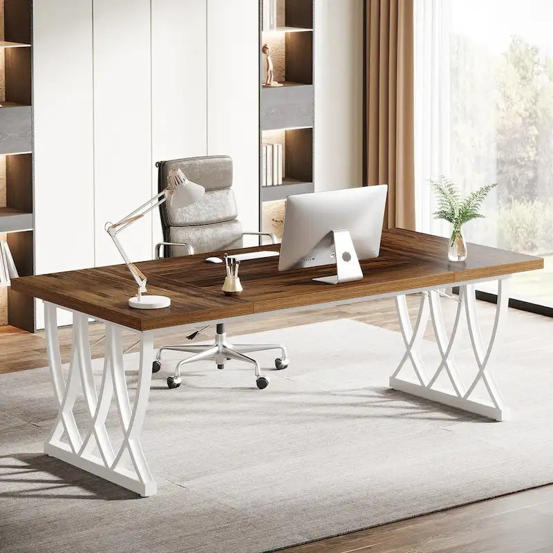 Bureau informatique deux places marron et blanc, 180 cm de large, MDF et métal
