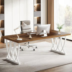 Bureau informatique deux places marron et blanc, 180 cm de large, MDF et métal