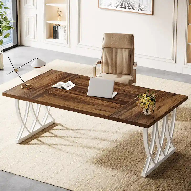 Bureau informatique deux places marron et blanc, 180 cm de large, MDF et métal
