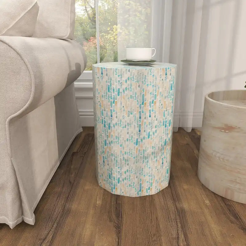 Table d'appoint en mosaïque hexagonale bleue, incrustation de nacre