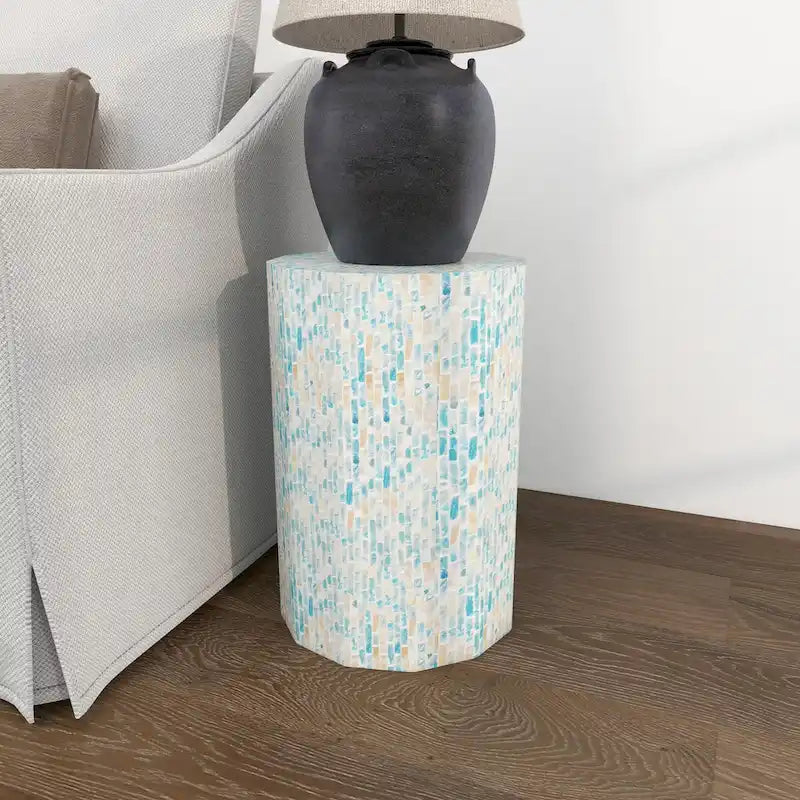 Table d'appoint en mosaïque hexagonale bleue, incrustation de nacre