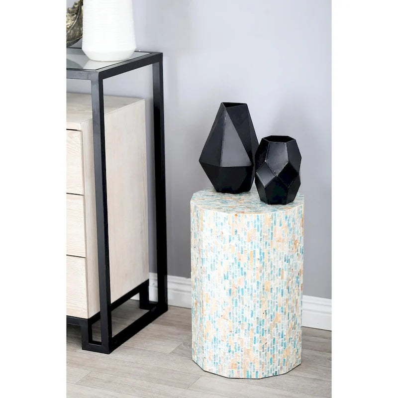Table d'appoint en mosaïque hexagonale bleue, incrustation de nacre