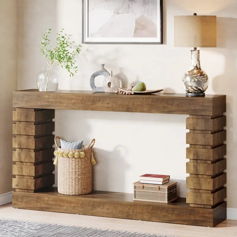 Vintage Long Console Table, Wood Entryway Table with Storage for Living Room
